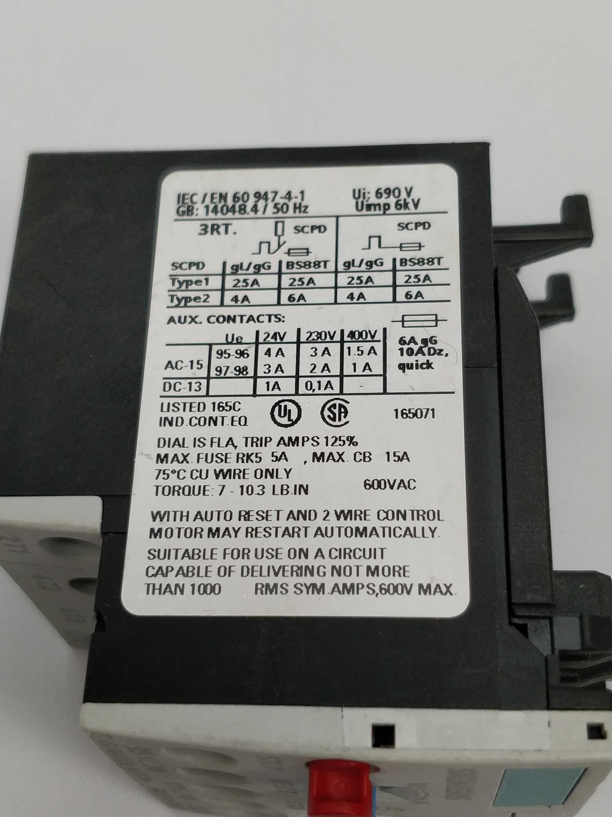 Siemens 3RU1116-0KB0 Sirius Overload relay E01