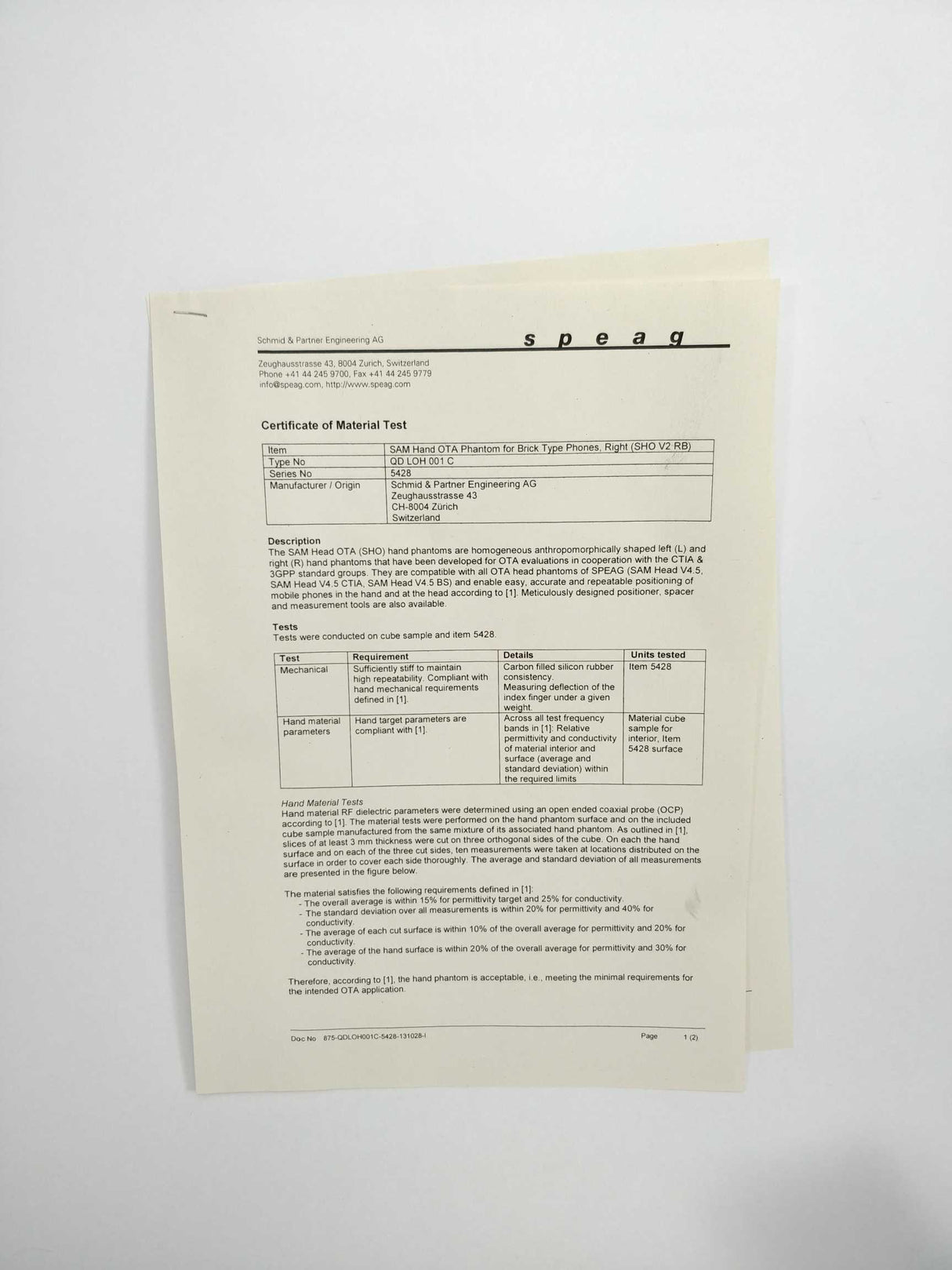 Schmid & Partner Engineering SHO V2RB / SHO V2 RB SAM Hand OTA Phantom