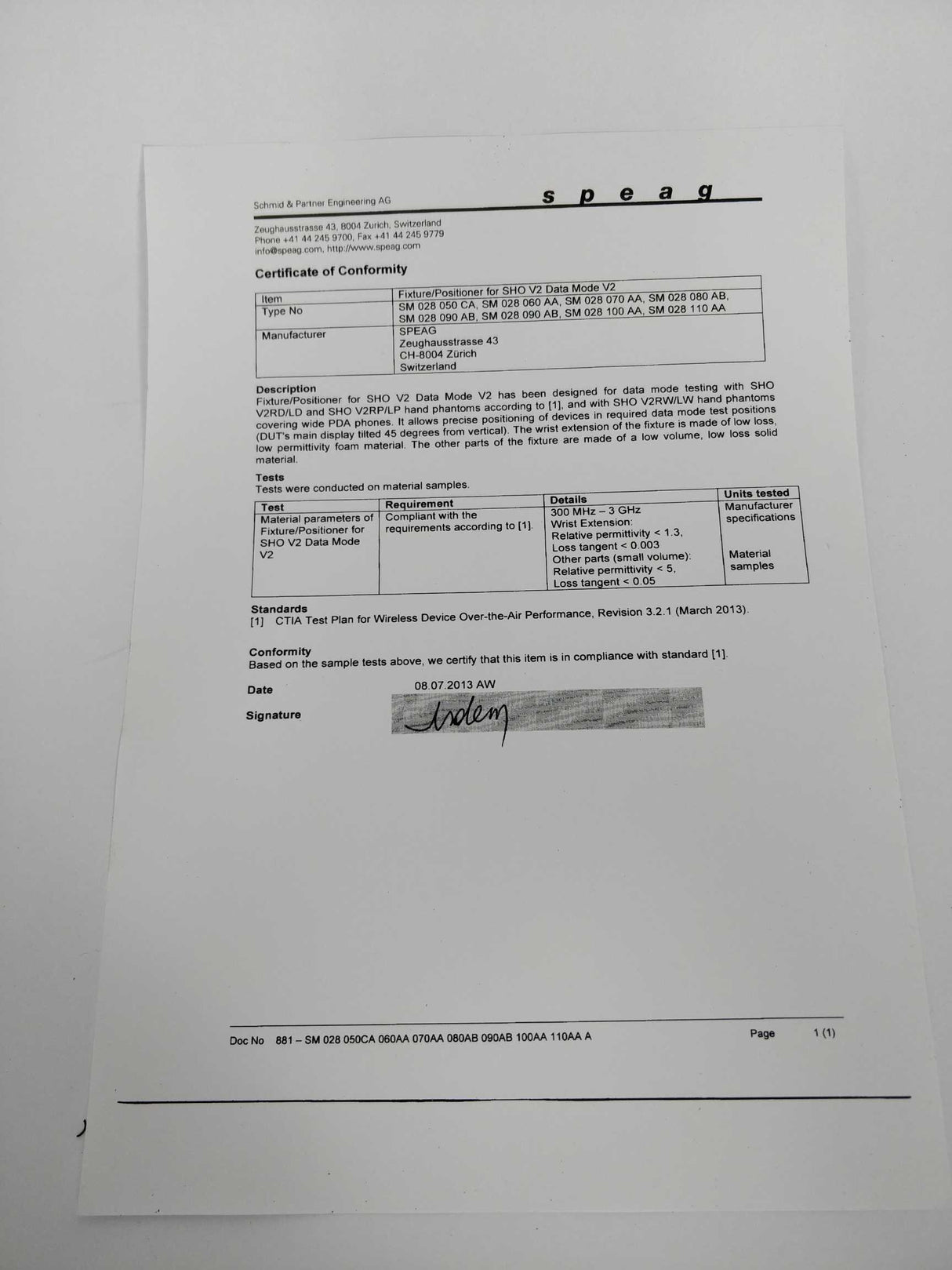 Schmid & Partner Engineering SHO V2  Fixture Data Mode V2