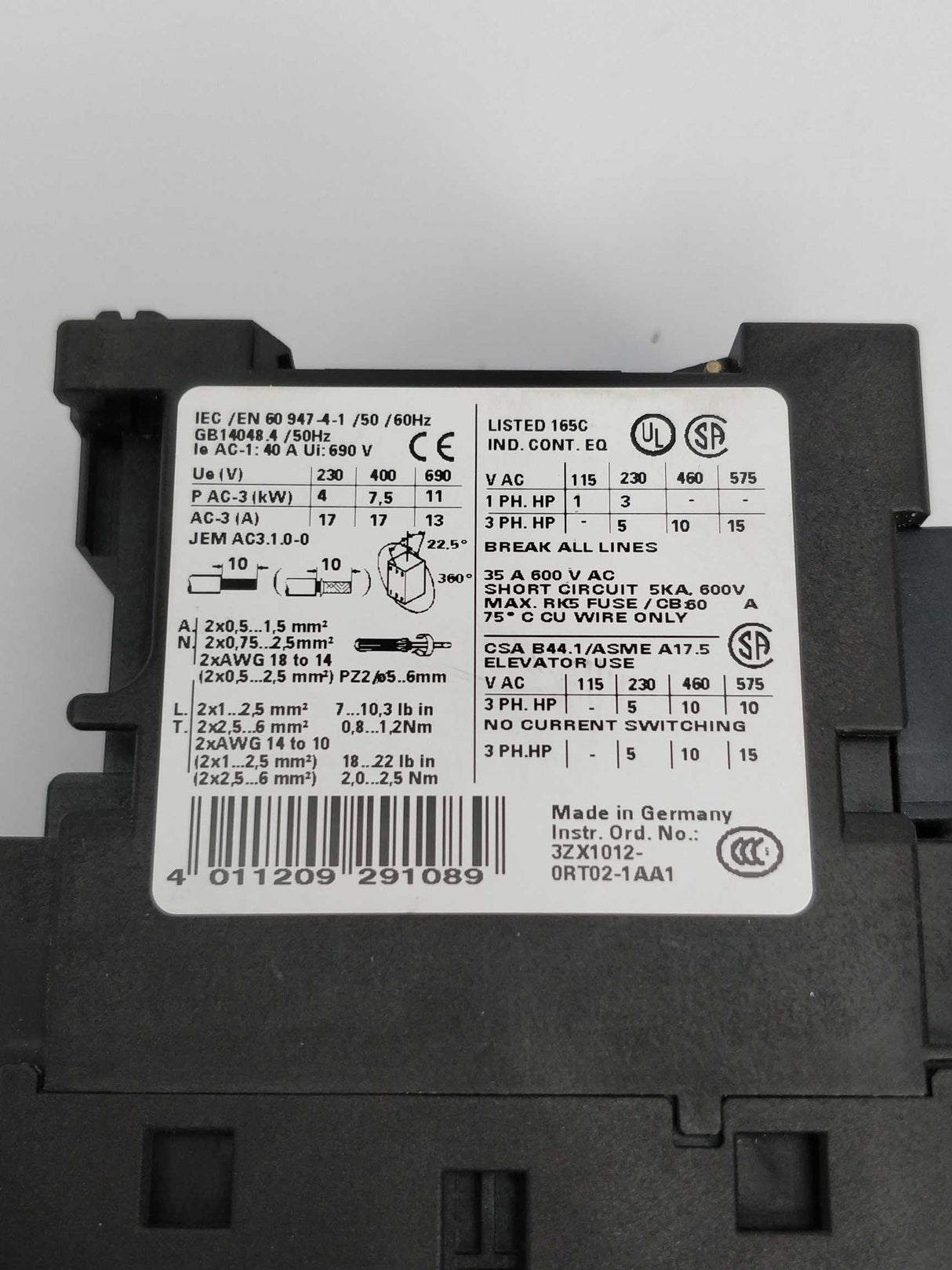 Siemens 3RT1025-1BB40 Power contactor E:05 & 3RT1926-1BB00