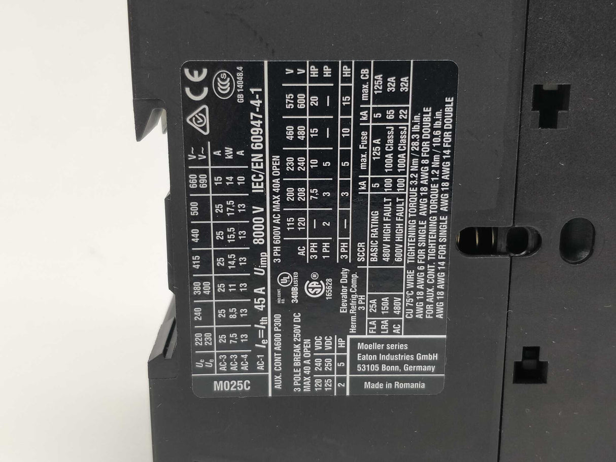 Eaton XTCEC025C10 Contactor, 3 pole 24-27VDC DILMC25-10