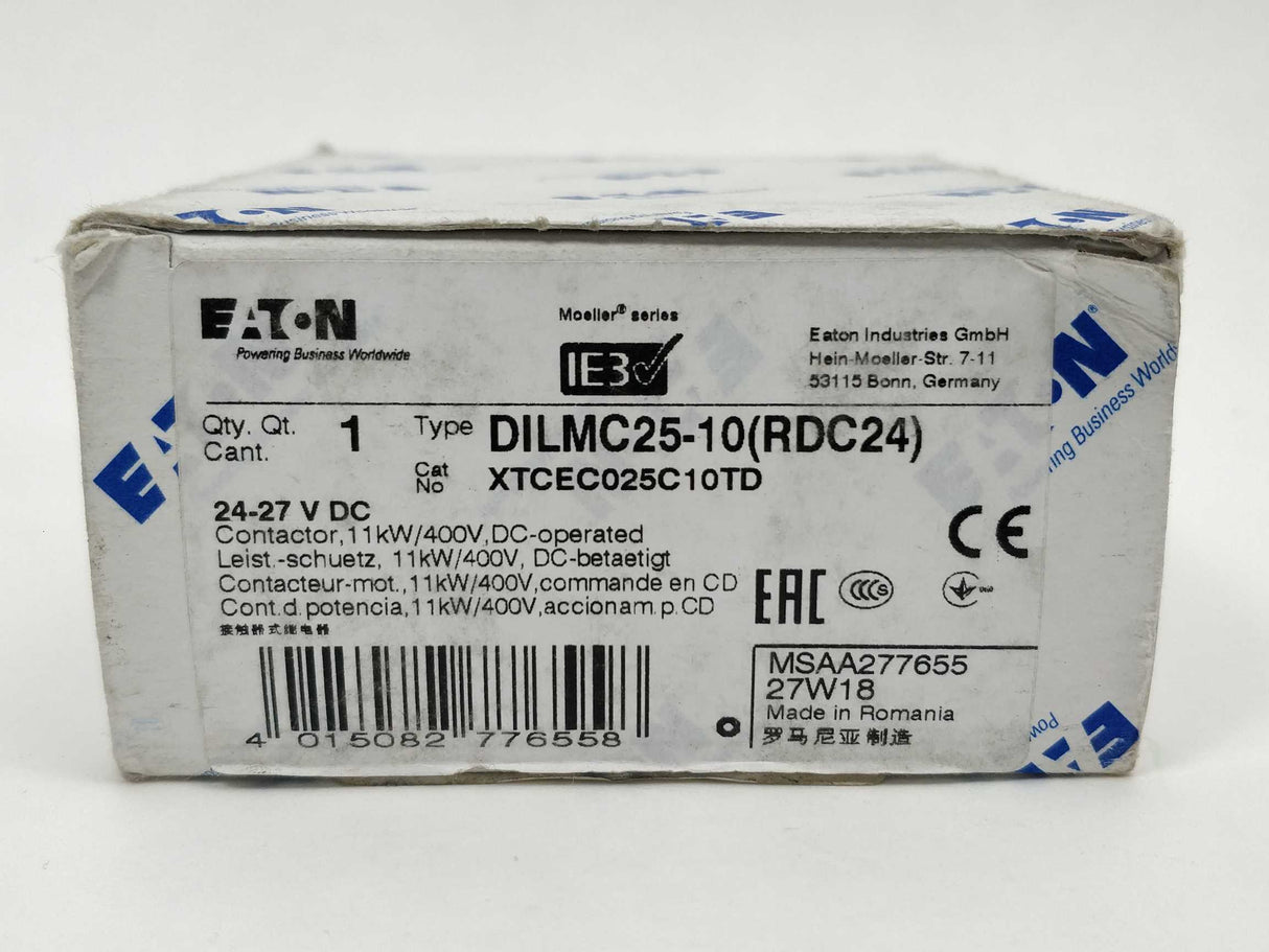 Eaton XTCEC025C10 Contactor, 3 pole 24-27VDC DILMC25-10