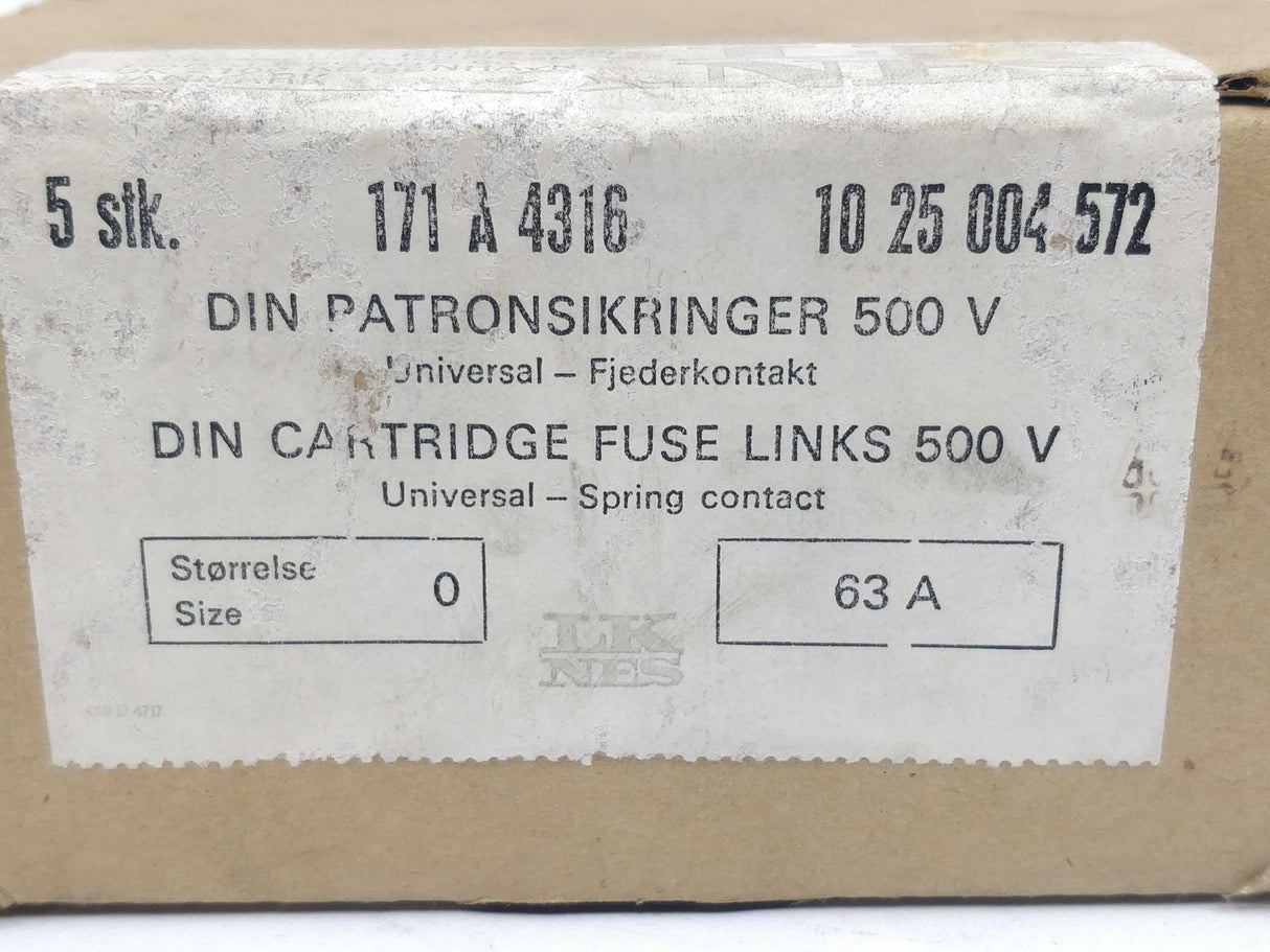 LK/Bussmann 171A4316 Fuse 63A 500V Universal DIN 0 100kA 5Pcs.