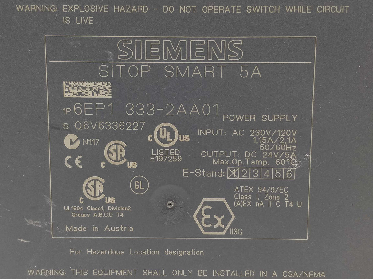 Siemens 6EP1333-2AA01 Sitop smart 24V 5A E01