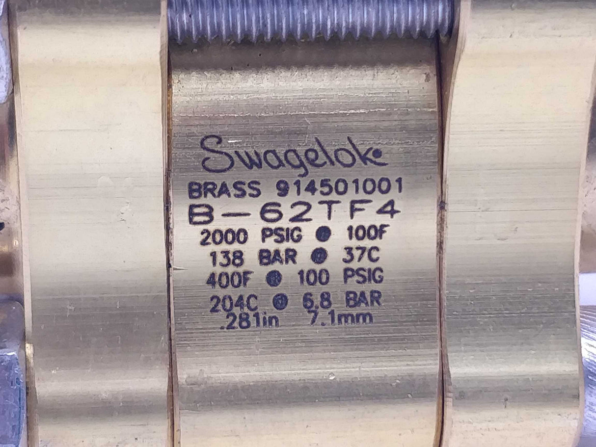 Swagelok B-62TF4 Brass 3-Piece 60 Series Ball Valve