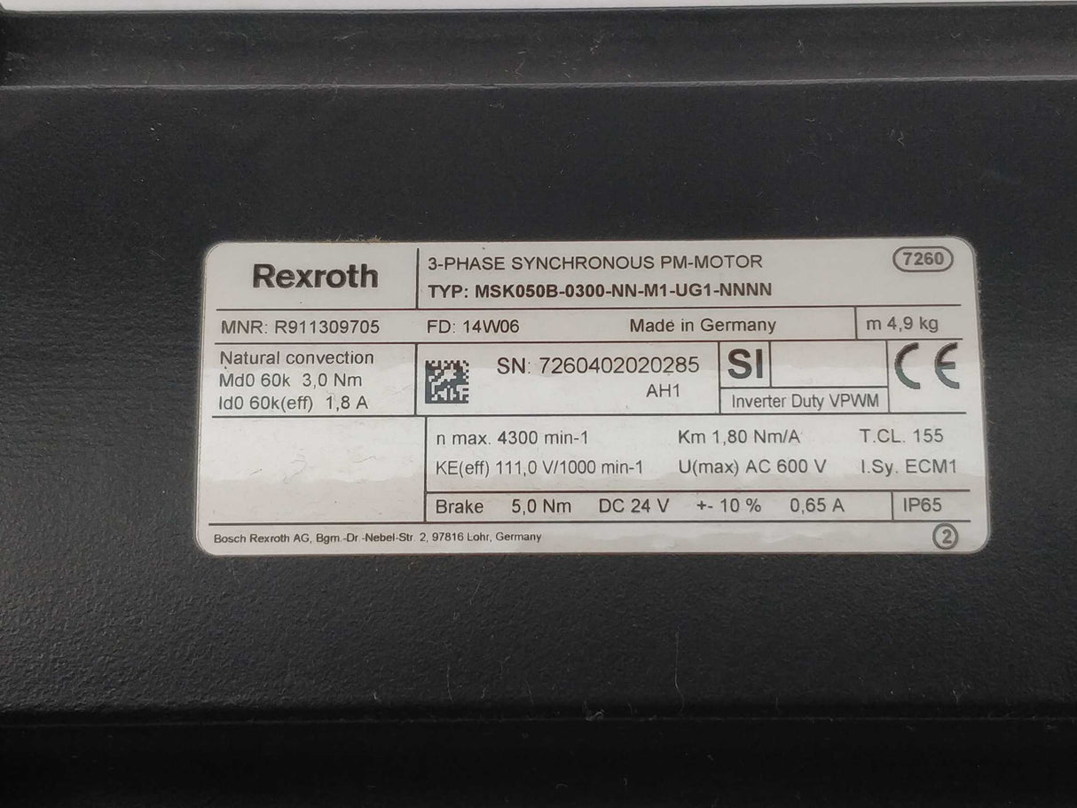 Rexroth R911309705 MSK050B-0300-NN-M1-UG1-NNNN 3~Phase synchronous PM-motor