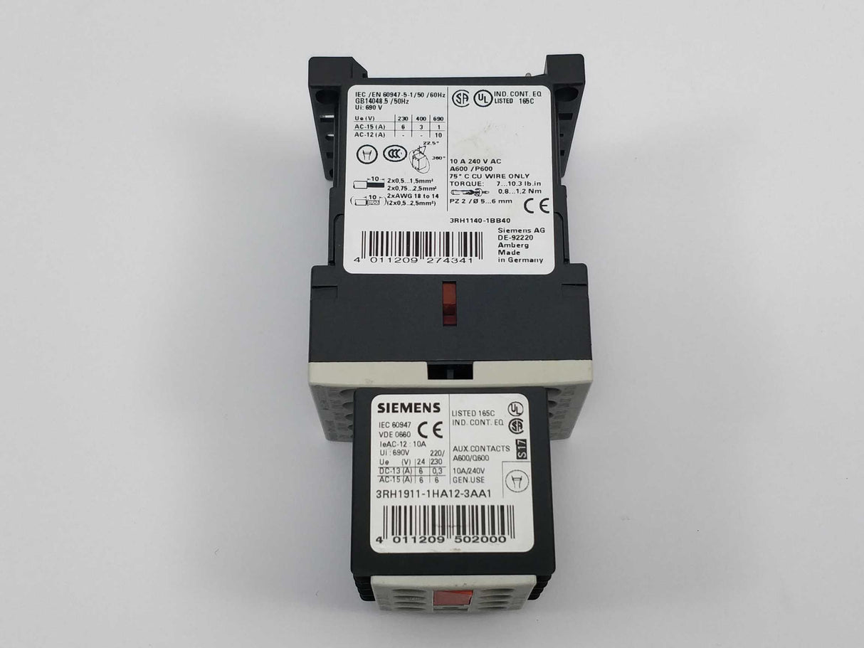 Siemens 3RH1140-1BB40 24VDC Contactor with 3RH1911-1HA12-3AA1 & 3RT1916-1JK00