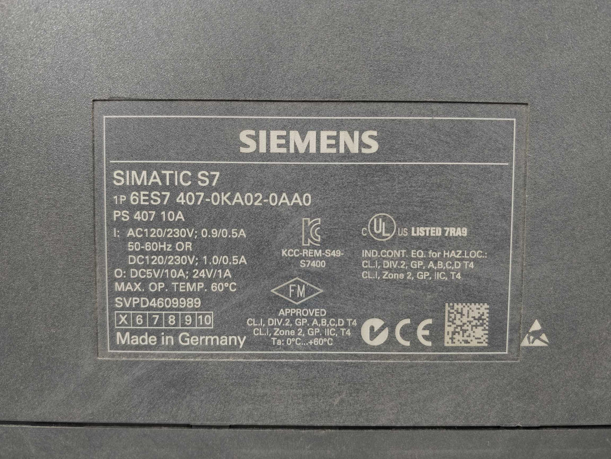 Siemens 6ES7407-0KA02-0AA0 SIMATIC S7-400 Power supply 10A