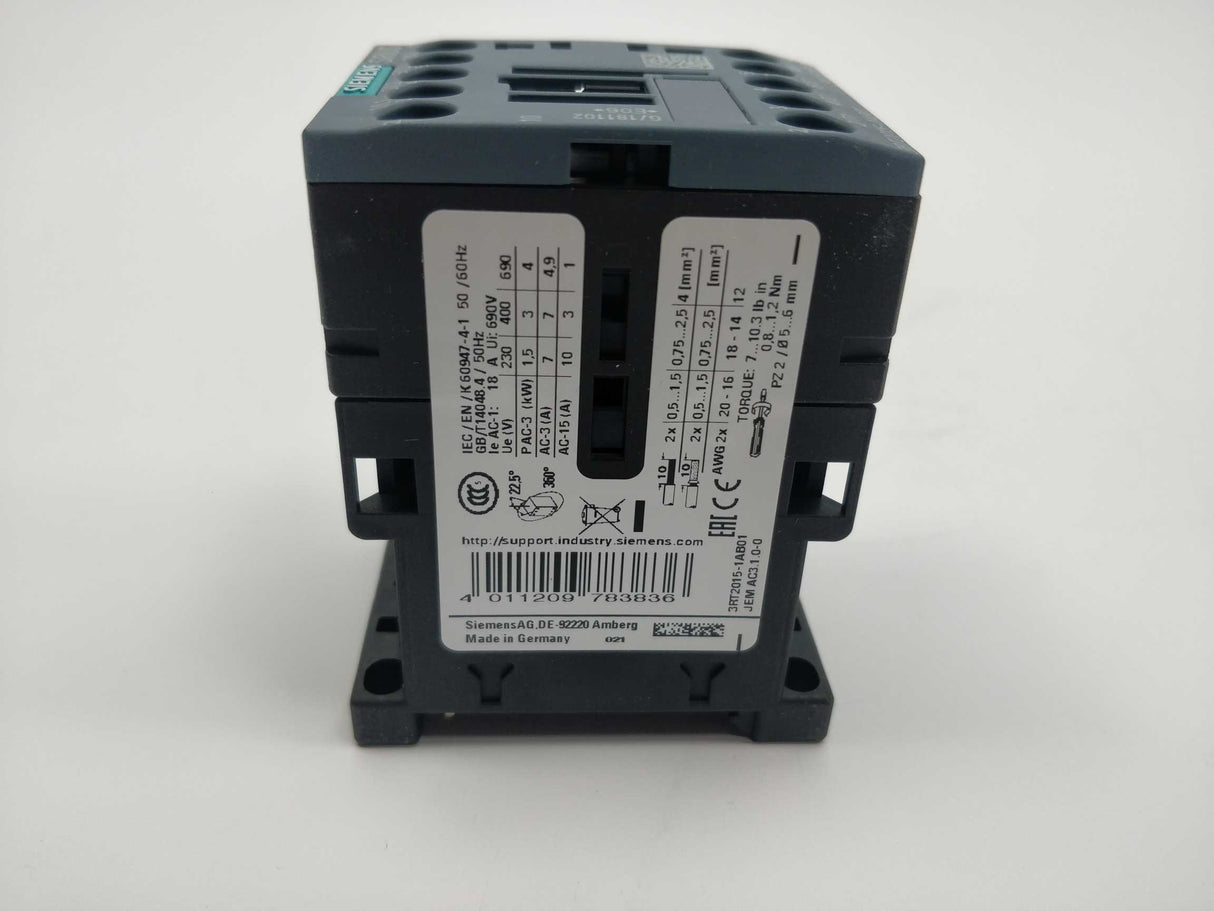 Siemens 3RT2015-1AB01 Power contactor 24 V, 50/60 Hz. AC-3: 7A, 400V, 3kW, 1NO