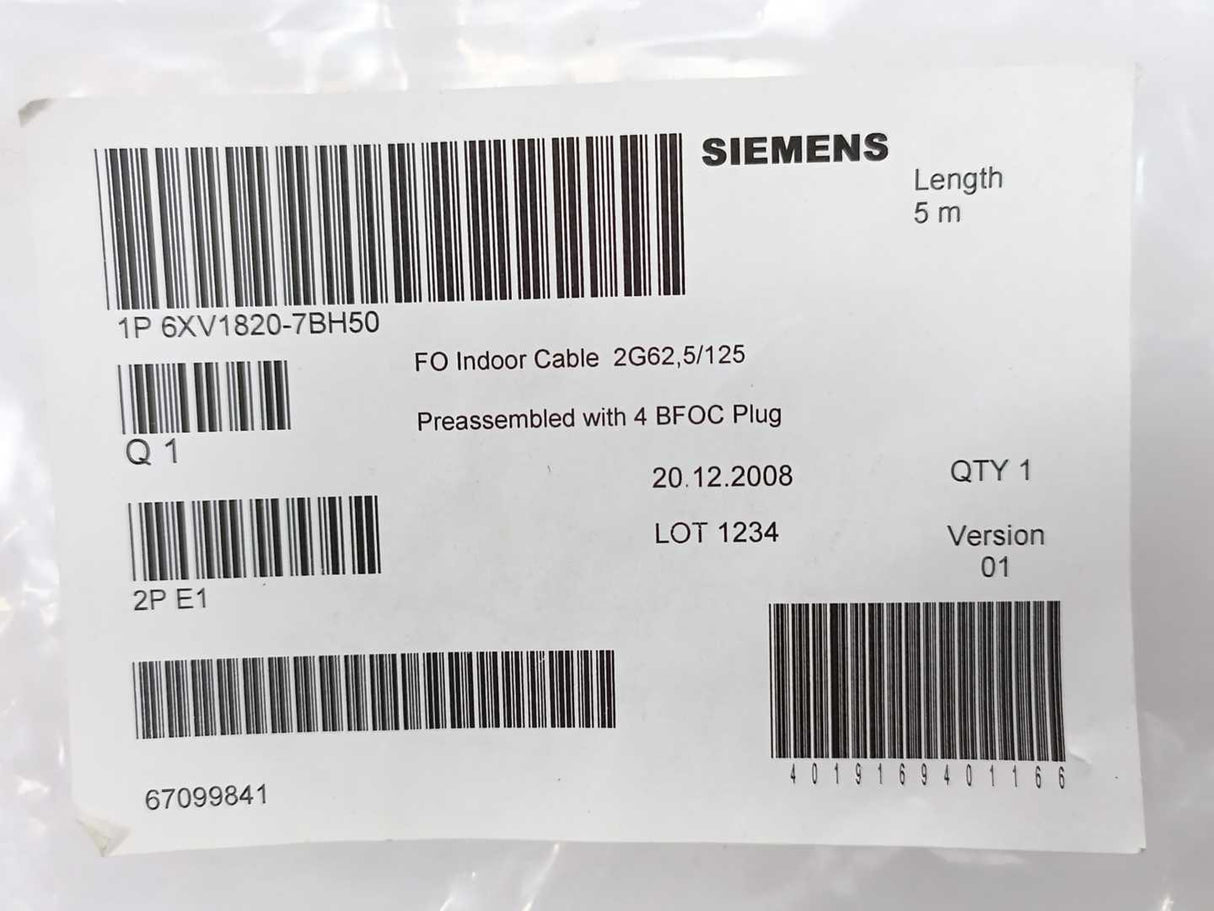 Siemens 6XV1820-7BH50 FO Indoor Cable, 2G62,5/125 5m