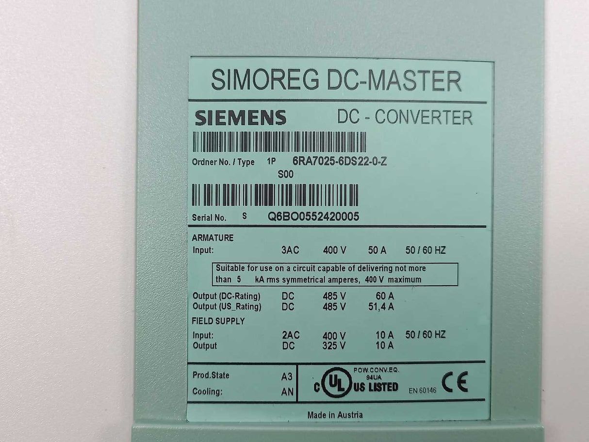 Siemens 6RA7025-6DS22-0-Z SIMOREG DC Master Converter