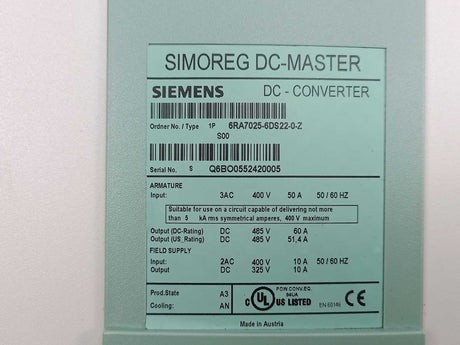 Siemens 6RA7025-6DS22-0-Z SIMOREG DC Master Converter