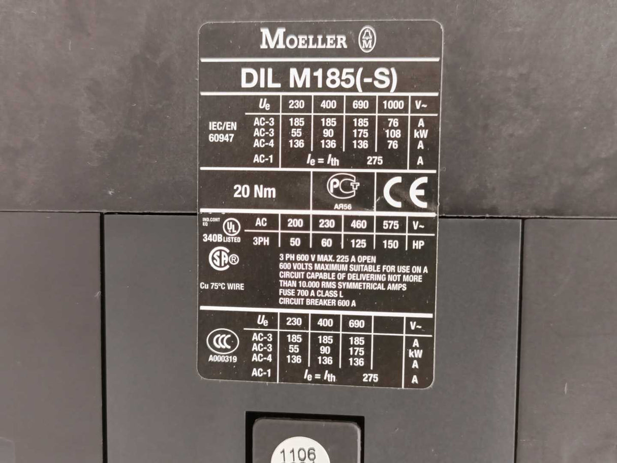 MOELLER DILM185 DILM185(-S) Contactor w/ 110-250V 40-60Hz DC Coil