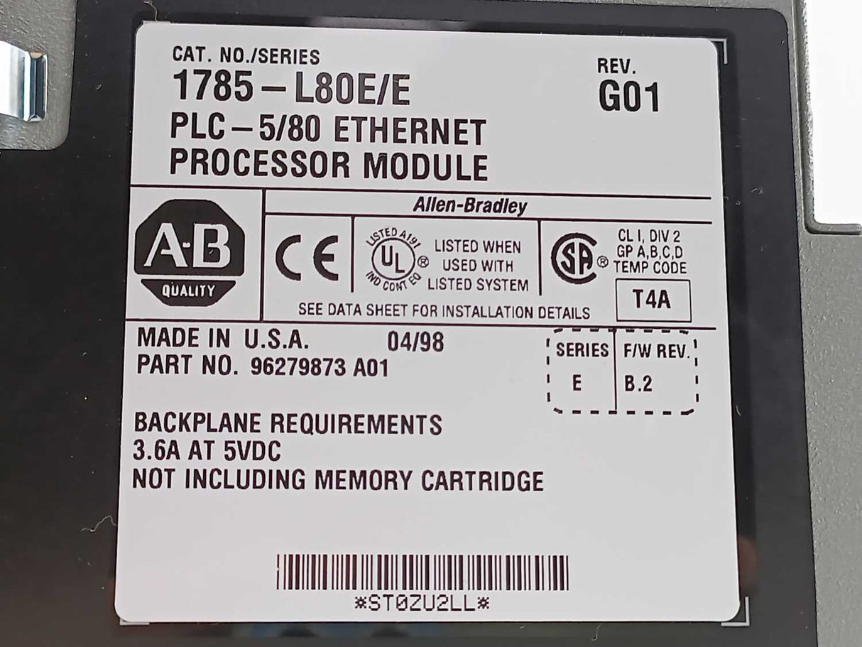 AB 1785-L80E/E Ser: E, F/W Rev: B.2, PLC-5/80 ETHERNET PROCESSOR MODULE