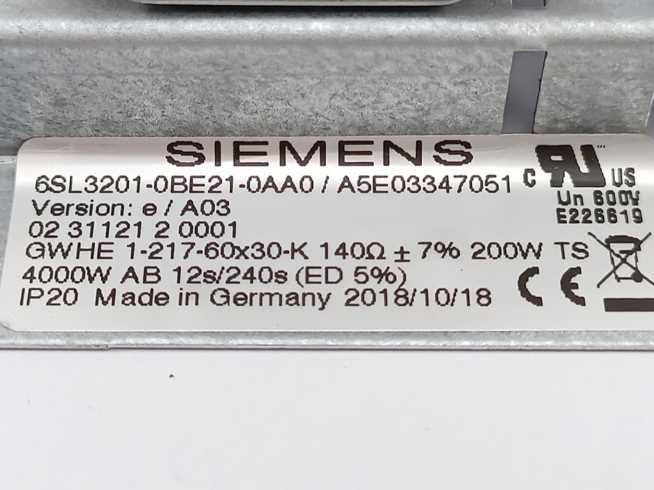 Siemens 6SL3201-0BE21-0AA0 SINAMICS Braking resistor 140Ohm