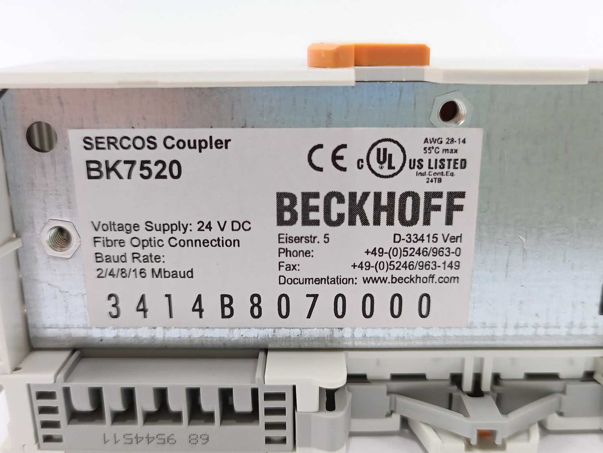 Beckhoff BK7520 SERCOS Coupler, Voltage Supply: 24 V DC