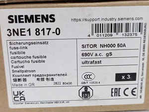 Siemens 3NE1 817-0 SITOR fuse link 50A 3 Pcs Set