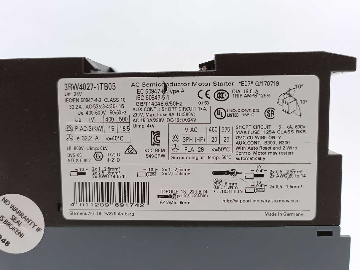 Siemens 3RW4027-1TB05 AC Semiconductor Motor Starter