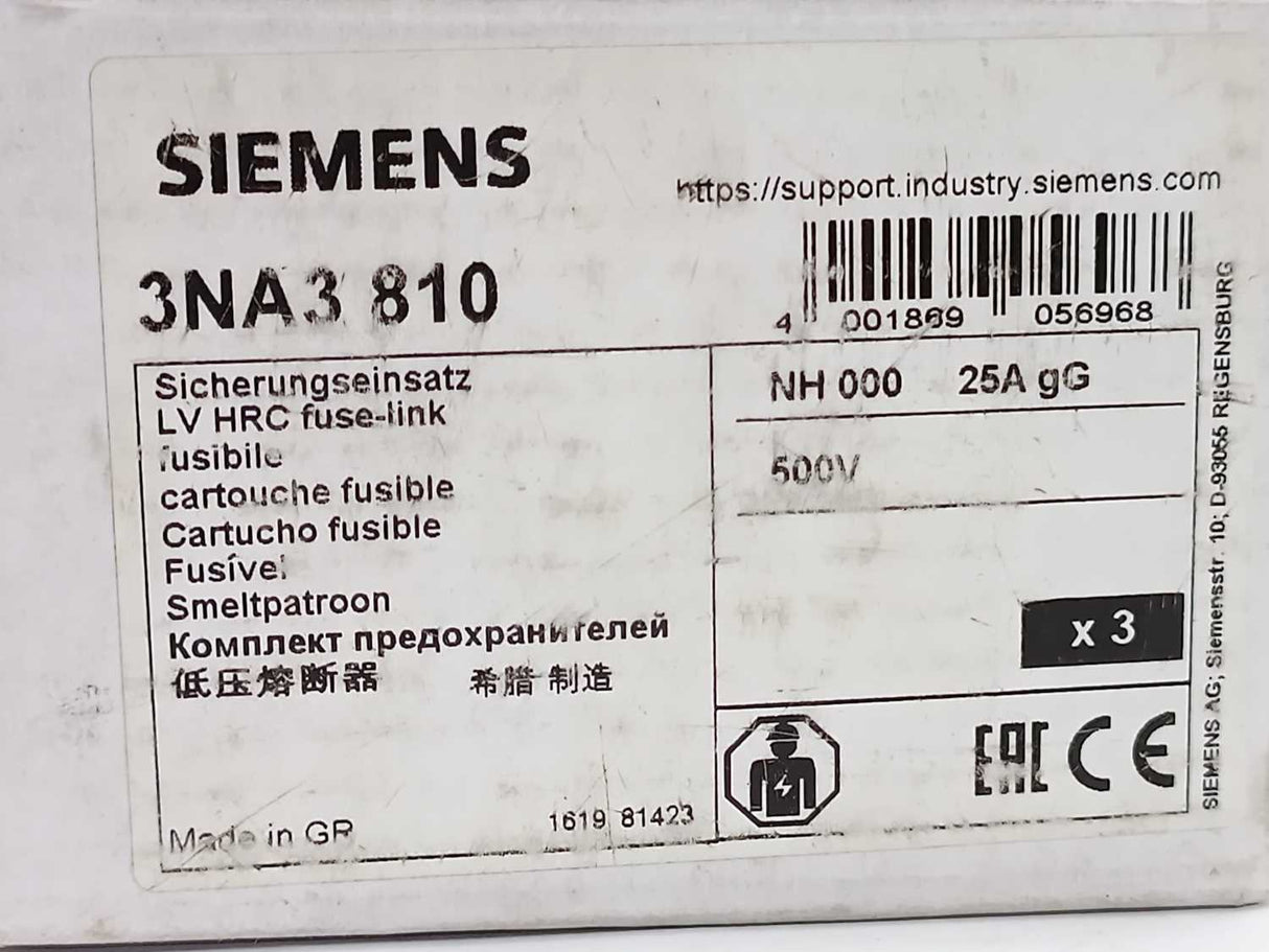 Siemens 3NA3 810 LV HRC fuse element 25A 3 Pcs