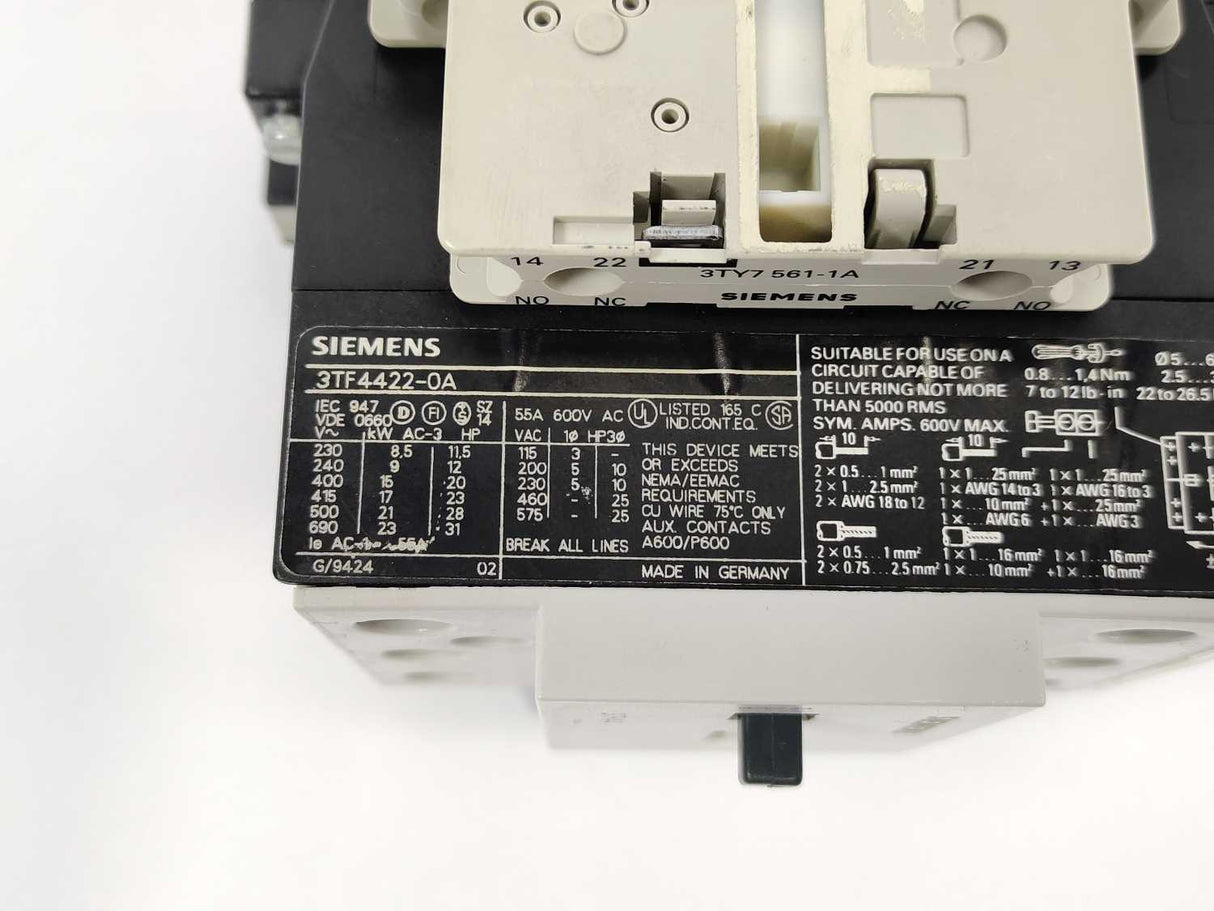 Siemens 3TF4422-0A 3TF44 Contactor with 3TY7561-1A 3TY7561-1B