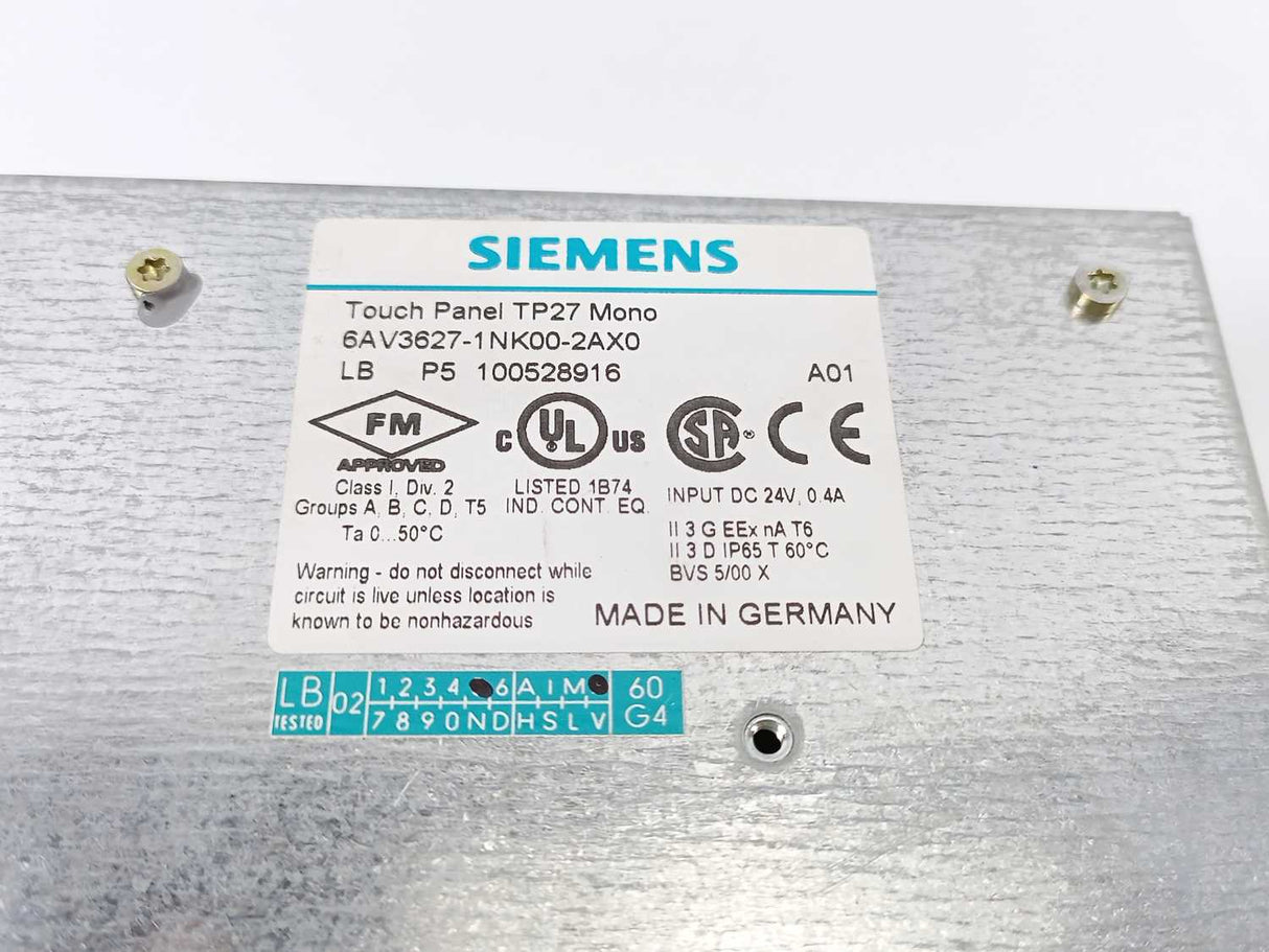 Siemens 6AV3627-1NK00-2AX0 Touch Panel TP27 Mono A.01