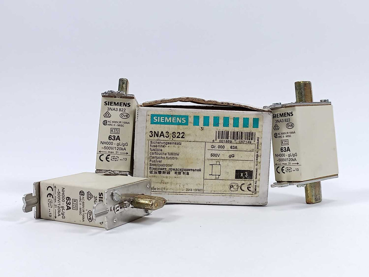 Siemens 3NA3 822 Fuse-link 500V 3 Pcs. LV HRC fuse element, 63A