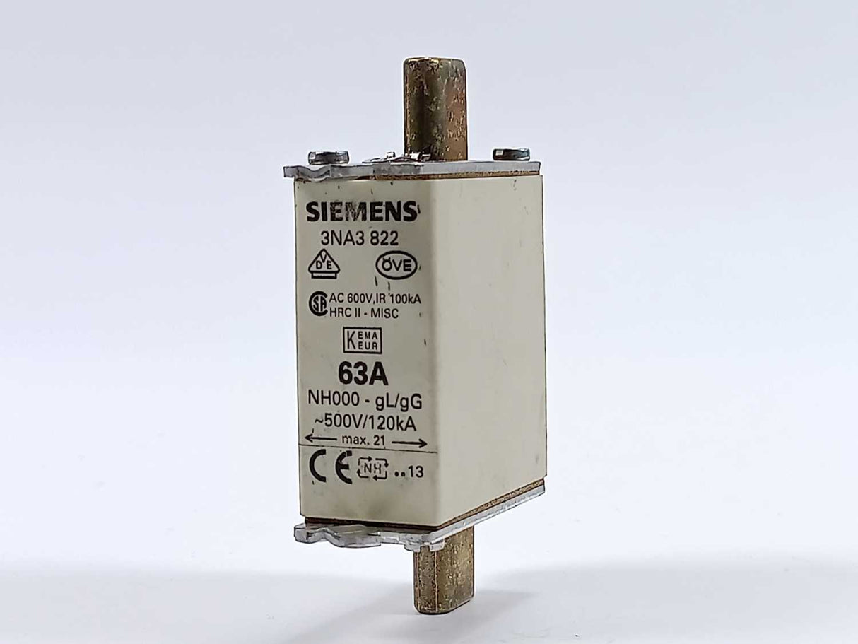 Siemens 3NA3 822 Fuse-link 500V 3 Pcs. LV HRC fuse element, 63A