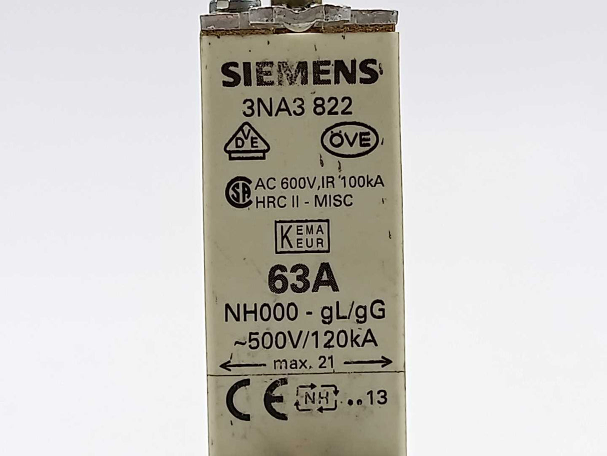 Siemens 3NA3 822 Fuse-link 500V 3 Pcs. LV HRC fuse element, 63A