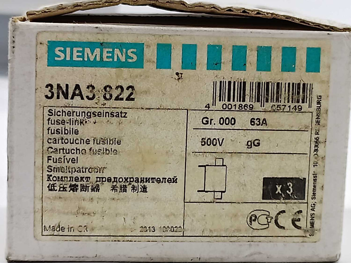 Siemens 3NA3 822 Fuse-link 500V 3 Pcs. LV HRC fuse element, 63A