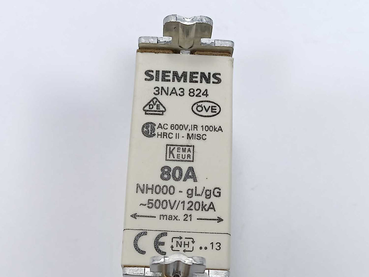 Siemens 3NA3824 Fuse 80A 500V NH00 gG 120kA