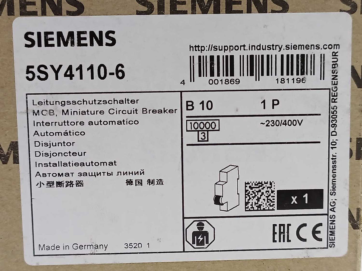 Siemens 5SY4110-6 MCB, MINIATURE CIRCUIT BREAKER 5 Pcs.