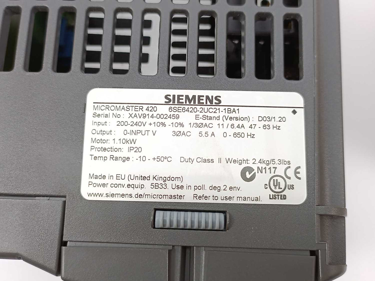 Siemens 6SE6420-2UC21-1BA1 MICROMASTER 420 without filter