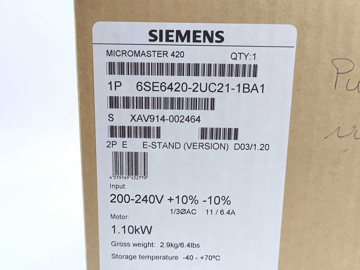 Siemens 6SE6420-2UC21-1BA1 MICROMASTER 420 without filter