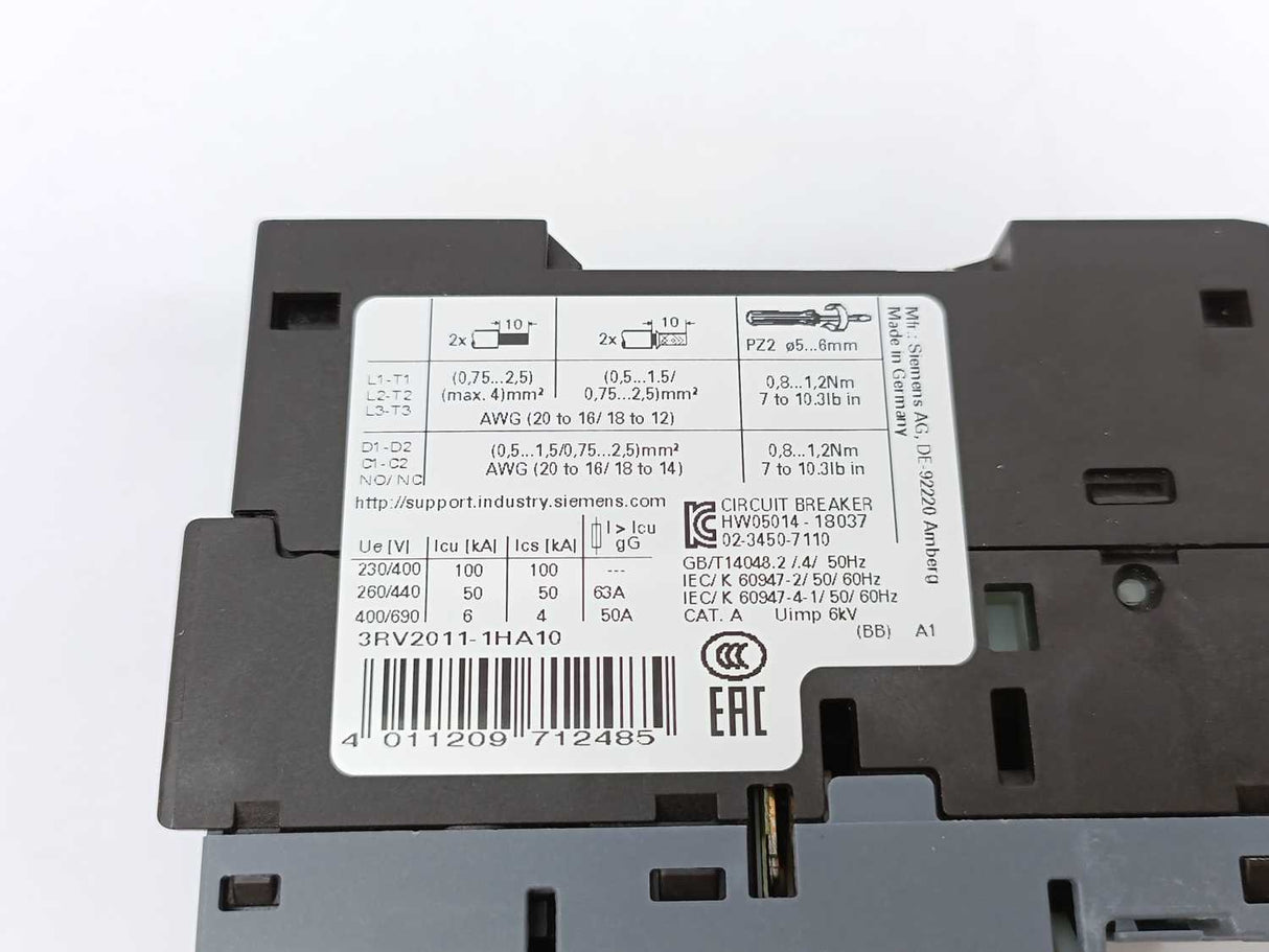 Siemens 3RV2011-1HA10 SIRIUS Circuit breaker