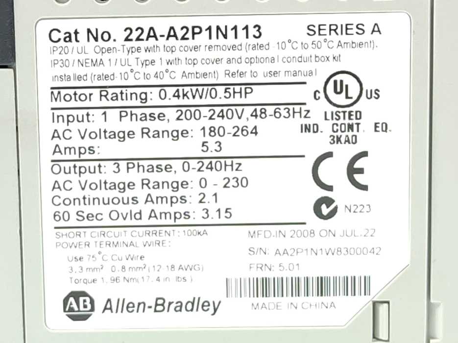 AB 22A-A2P1N113 Series A AC drive PowerFlex 4 0-240Hz