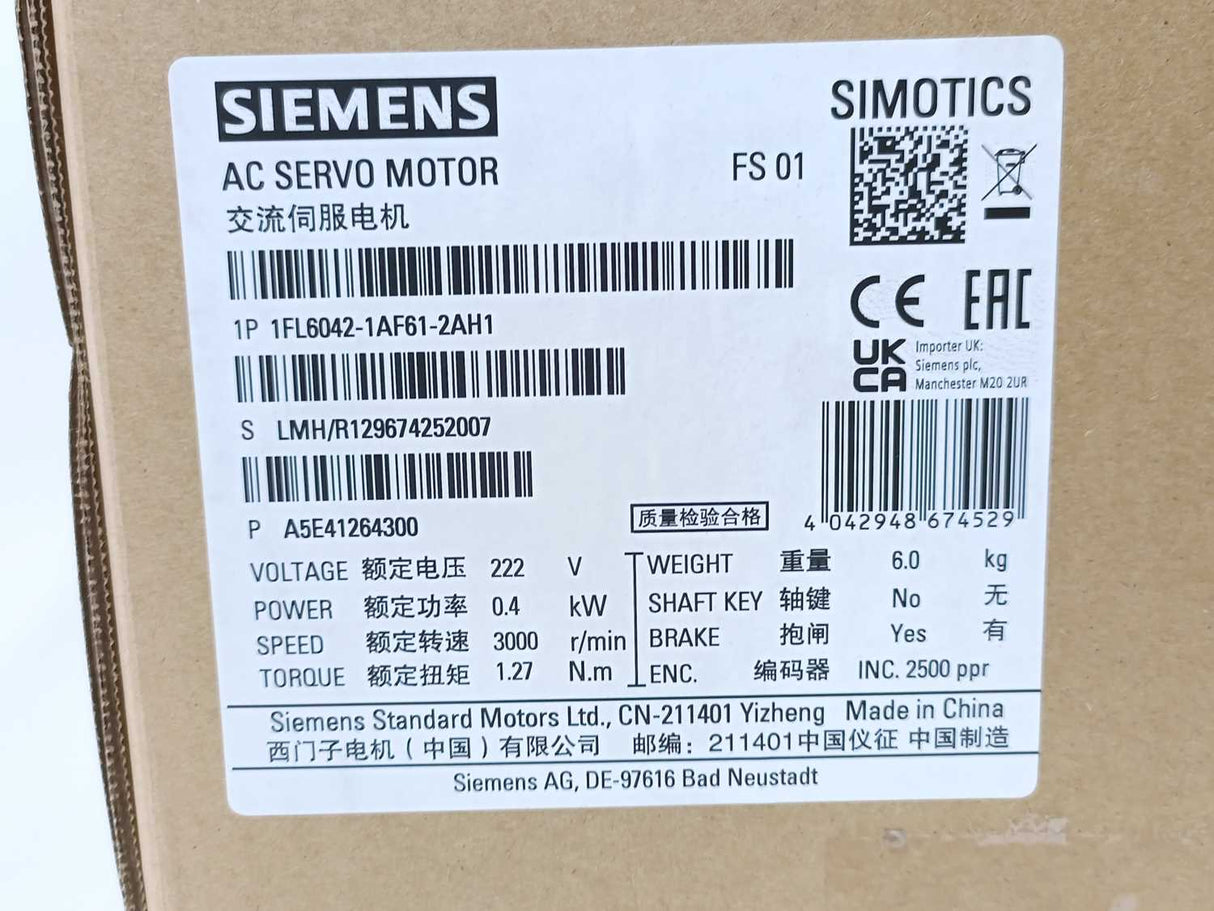 Siemens 1FL6042-1AF61-2AH1 SIMOTICS S-1FL6 3-SERVO MOTOR