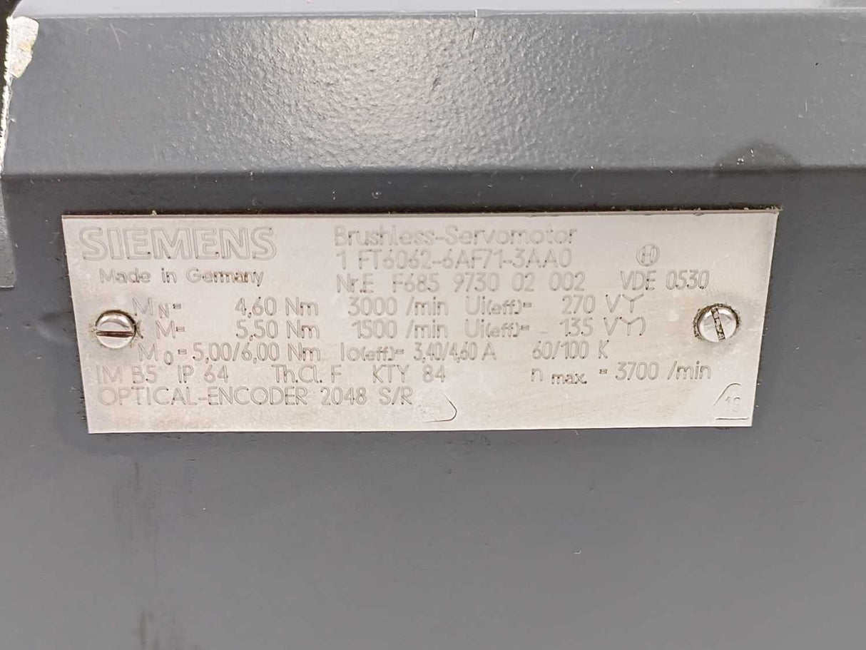 Siemens 1FT6062-6AF71-3AA0 SIMOTICS S Synchronous Brushless Servo Motor