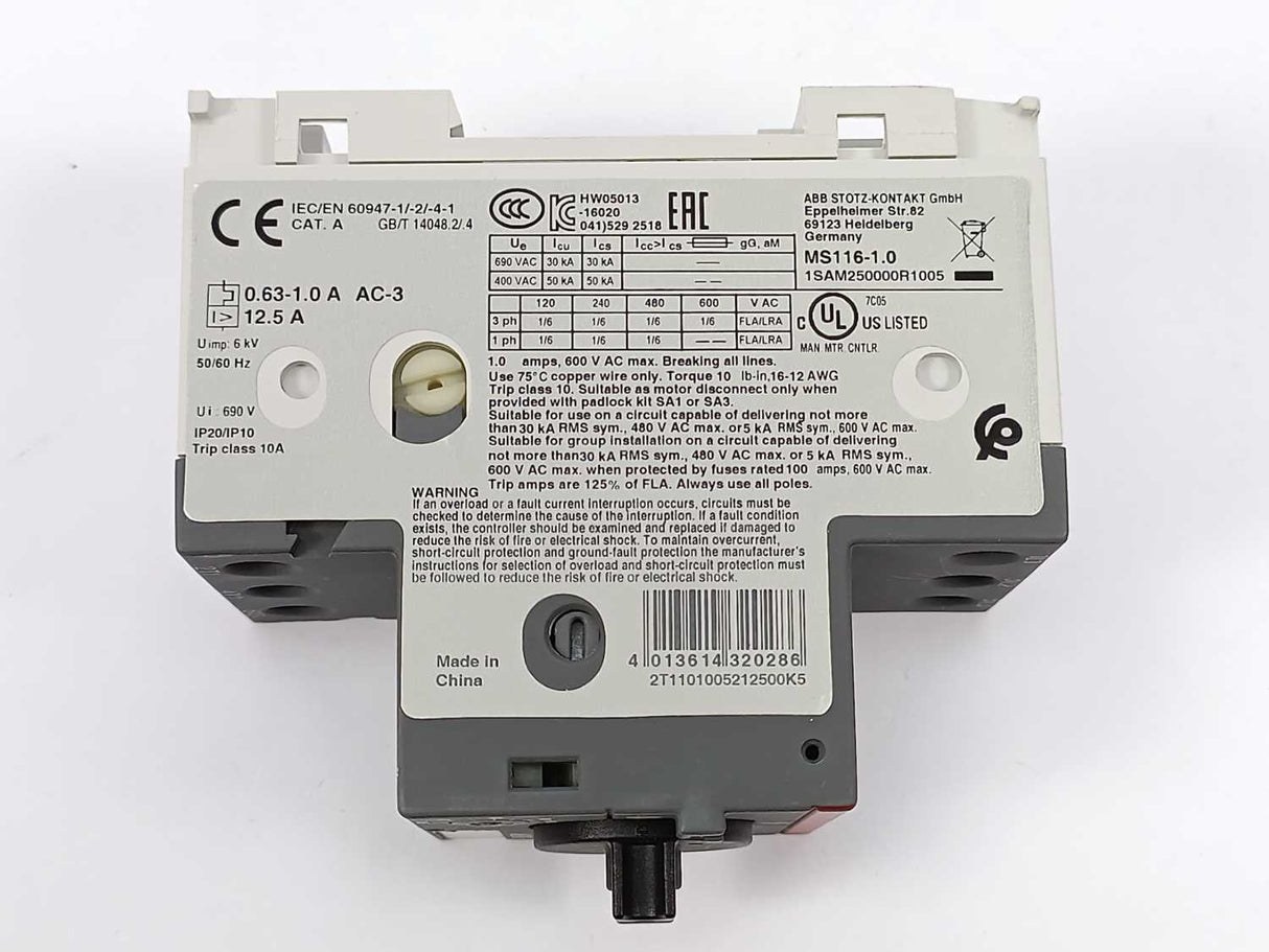 ABB 1SAM250000R1005 MS116-1.0 Manual Motor Starter 0.63 ... 1.0 A