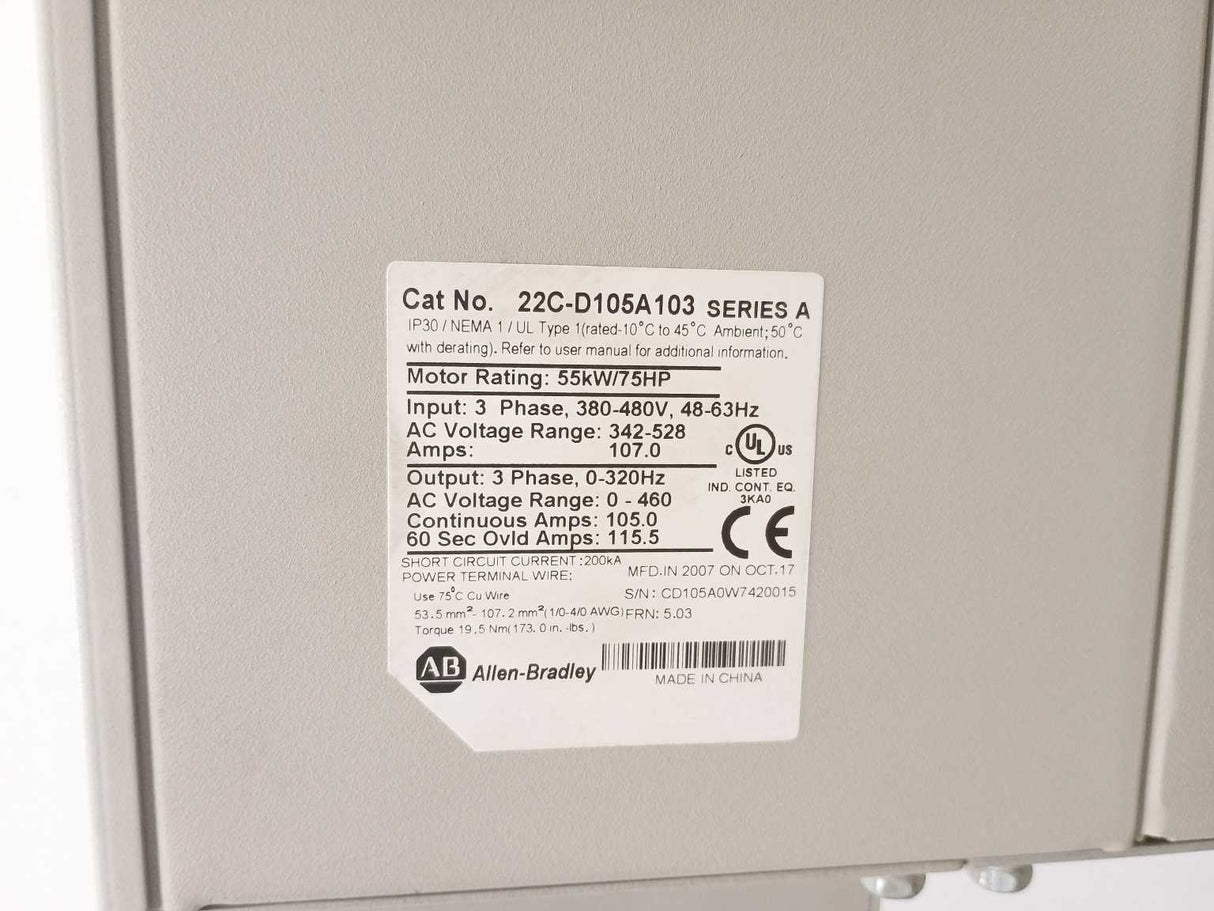 AB 22C-D105A103 Series A PowerFlex 400 - 55 kW (75 HP) AC Drive