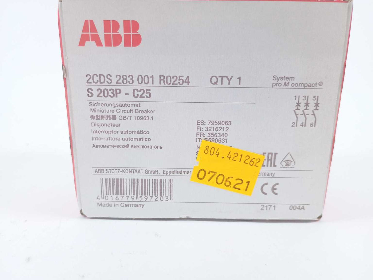 ABB 2CDS283001R0254 System pro M compact S 203P-C25 Miniature Circuit Breaker