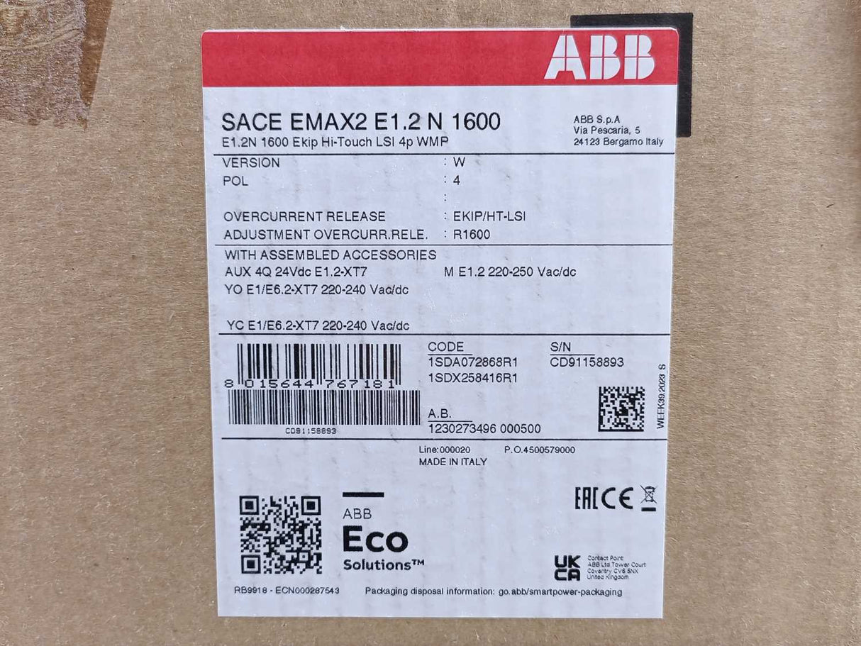 ABB 1SDA072868R1 E1.2N 1600 Ekip Hi-Touch LSI 4p WMP