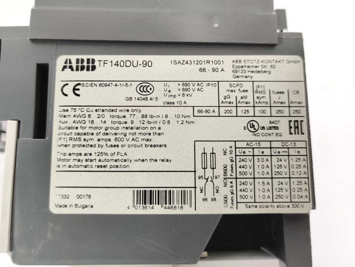 ABB 1SAZ431201R1001 TF140DU-90 Thermal Overload Relay 66 ... 90 A