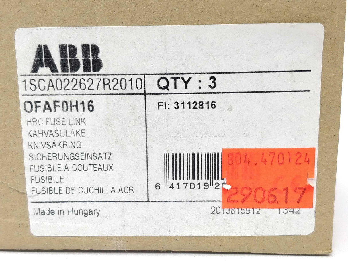 ABB 1SCA022627R2010 OFAF0H16 fuse 500V 16A 3pcs