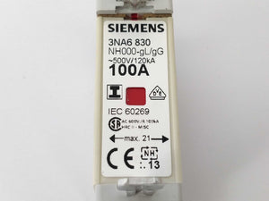 Siemens 3NA6830 Fuse NH000 100A 500V 2pcs