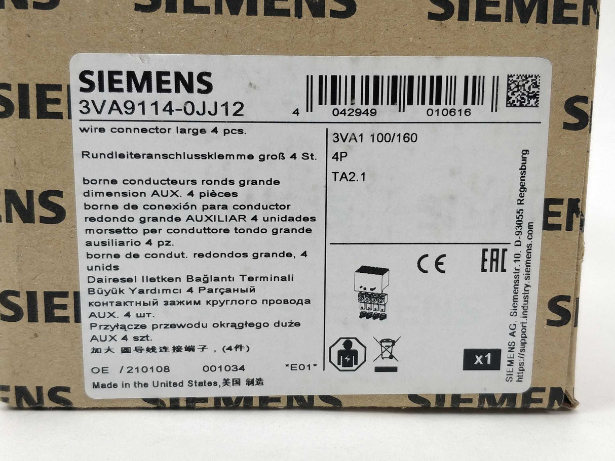 Siemens 3VA9114-0JJ12 Wire connector TA2.1 25 large 4 units for: 3VA1 100/160