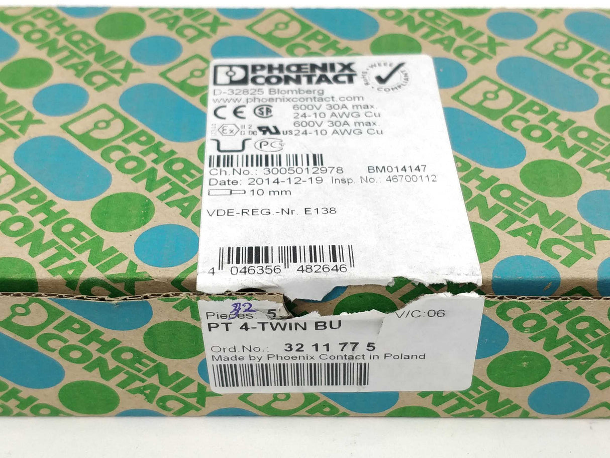 Phoenix Contact 3211775 Feed-through terminal block - PT 4-TWIN BU