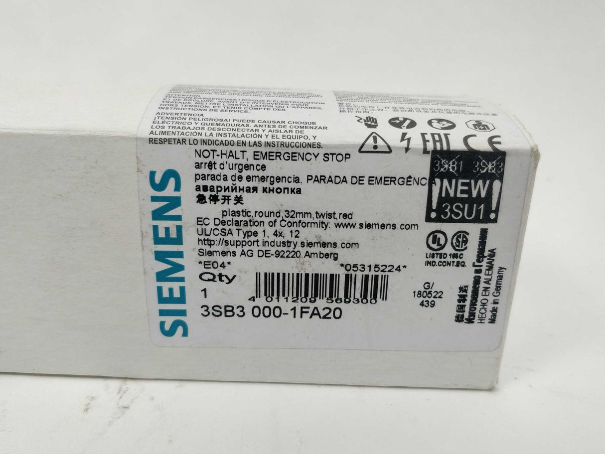 Siemens 3SB3000-1FA20 22mm Plastic Round Actuator Emergency stop