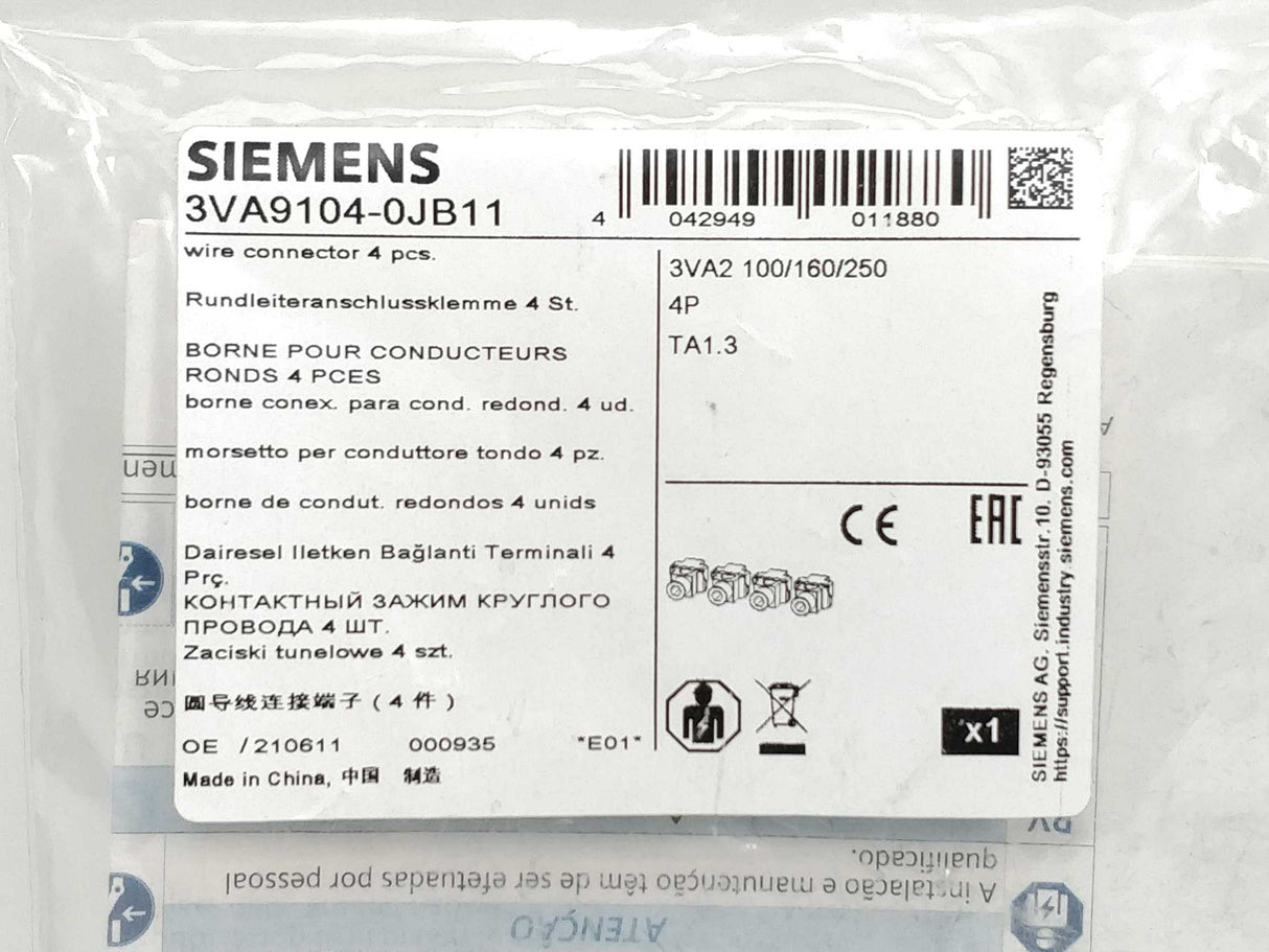 Siemens 3VA9104-0JB11 Wire Connector 4pcs