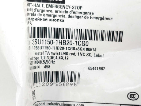 Siemens 3SU1150-1HB20-1CG0 Emergency Stop Pushbutton