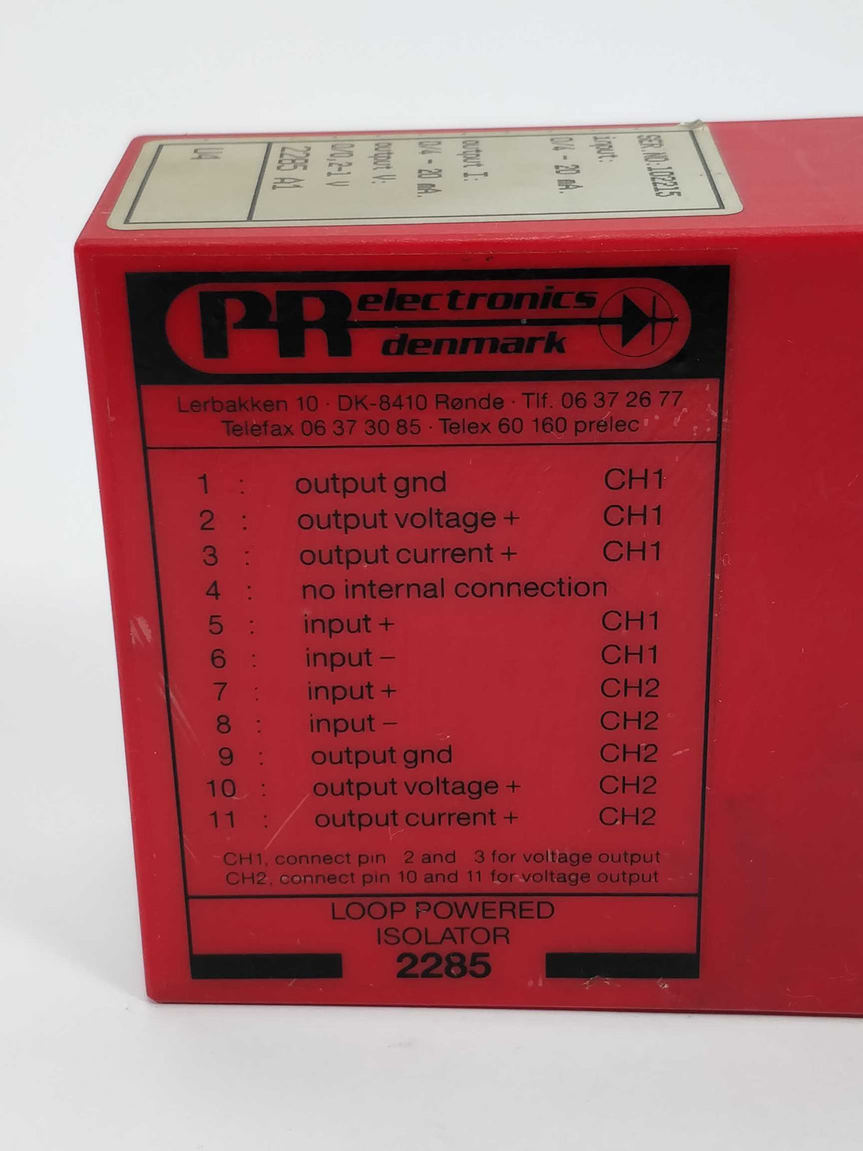 PR Electronics 2285 A1 Loop powered isolator Serial Number: 102215